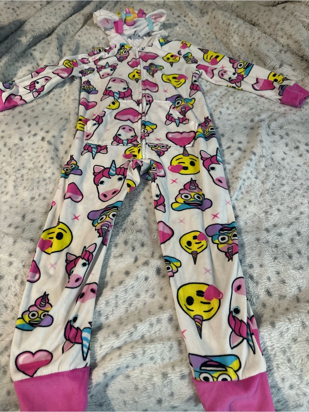 Girls' Unicorn & Emoji Fleece One-Piece Pajamas - White/Pink